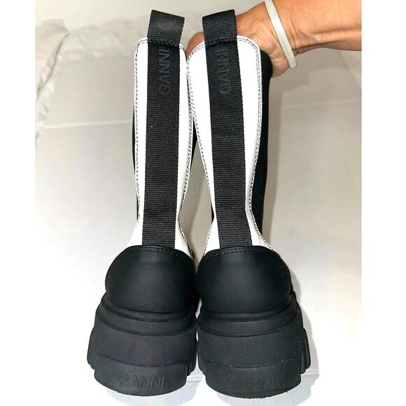 Ganni Women's White Black Leather Chelsea Calf high Platform Boots Size 38 - Picture 11 of 14